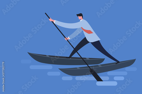 Illustration of a businessman standing in two boats and rowing. Concept for bad decision making