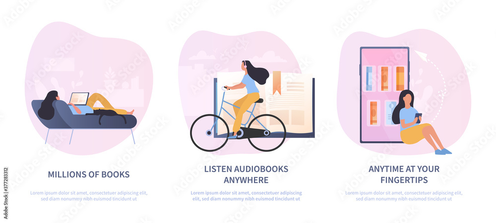E-book set with three people reading or listening to audio online on mobile devices, colored vector illustration
