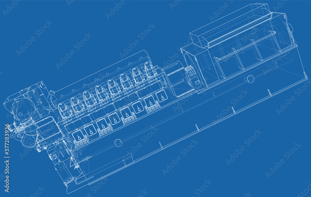 Diesel generator. The layers of visible and invisible lines are separated. Wire-frame outline.