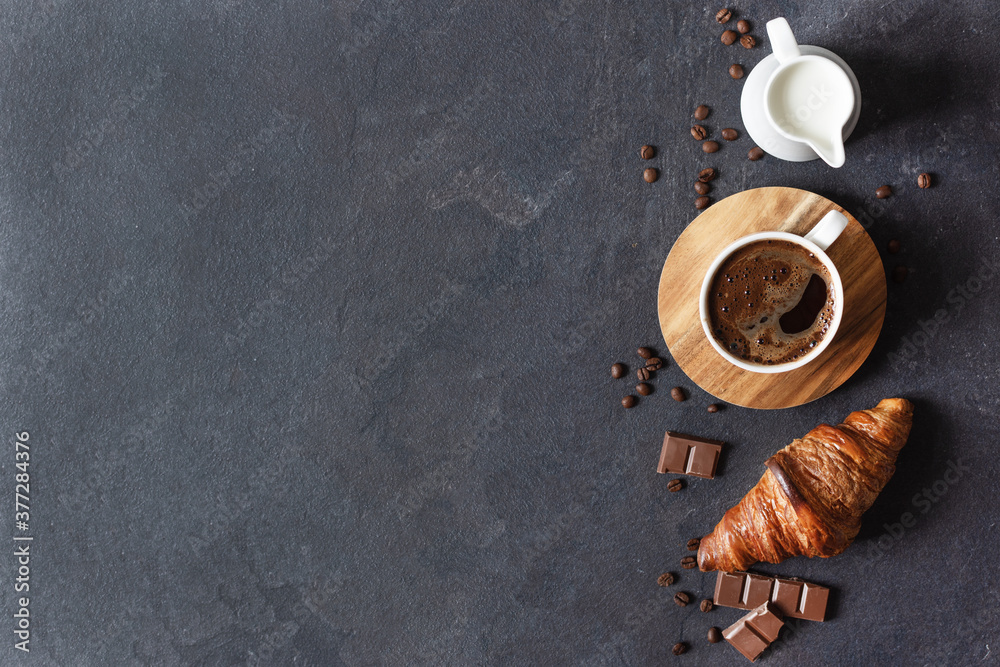 Coffee cup, milk and croissant on black background top view. - obrazy, fototapety, plakaty 