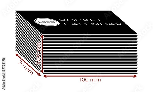 Simple vector icon of heap of black business cards with logo and red arrows of number, length and width. Clipart of 1000 pieces of cards 3.5 by 2 inches (50.9 x 88.9 mm) size