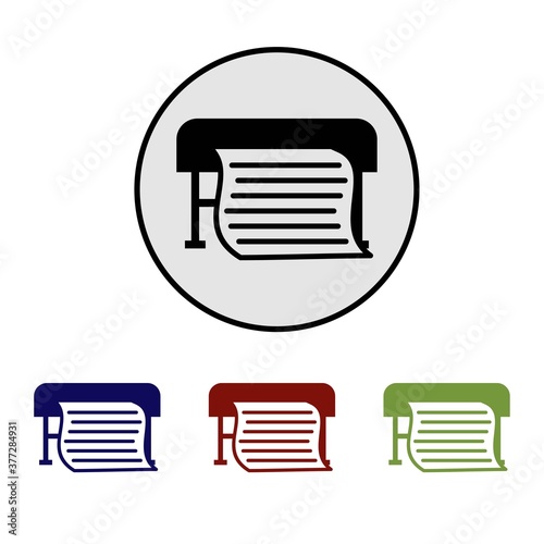Simple flat round vector pictogram of the wide format printer. Сolor icon of the professional equipment for the large size outdoor advertising printing