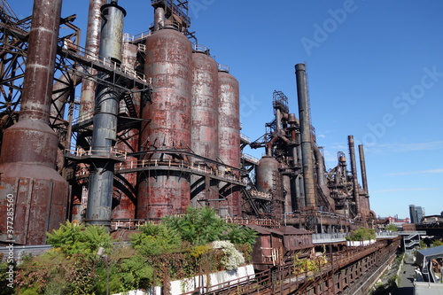 Panoramic view of the steel factory still standing in Bethlehem PA as it rusts, and discolors with age photo