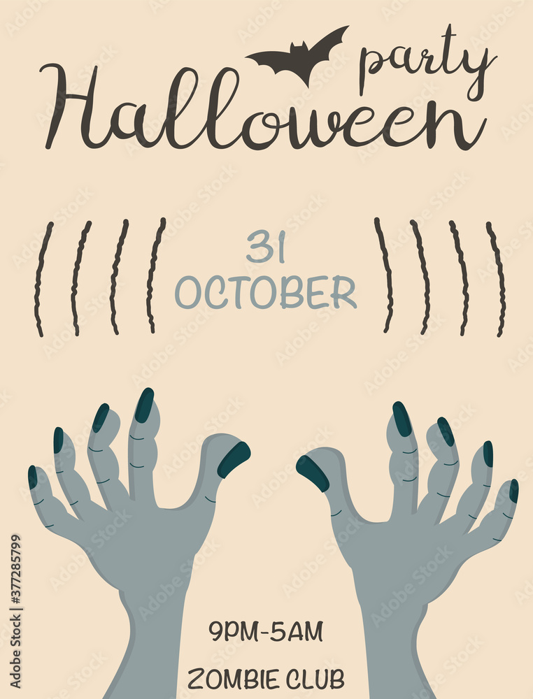 Halloween party. All saints day party invitation, poster, template, flyer. Holiday creepy leaflet design with text. Helloween advertising card, layout. Zombie hands, nails scratches. Vector. Halloween party. All saints day party invitation, poster, template, flyer. Holiday creepy leaflet design with text. Helloween advertising card, layout. Zombie hands, nails scratches. Vector.
