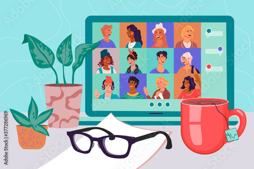 Video conference and online training, webinar concept with computer screen showing video call app and various office supplies at desktop. Online meeting or business training, vector illustration.