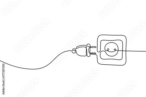 Plug inserting into electric outlet in continuous line art drawing style. Power plug and socket minimalist black linear design isolated on white background. Vector illustration