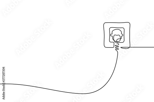 Plug inserted into electric outlet in continuous line art drawing style. Power plug and socket minimalist black linear sketch isolated on white background. Vector illustration