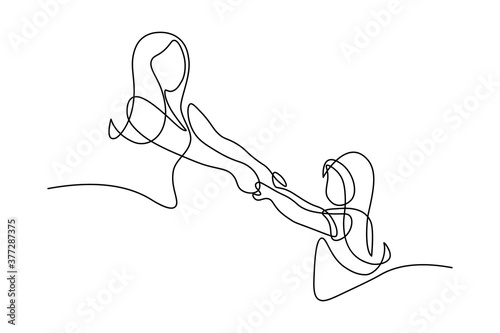 Happy mom with her female child in continuous line art drawing style. Mother and daughter holding hands spinning around. Two generations of women. Black linear sketch isolated on white background