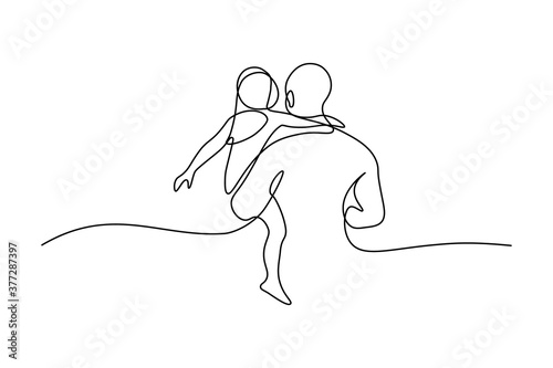 Father with daughter in continuous line art drawing style. Back view of strong dad holding his little female child black linear sketch isolated on white background. Vector illustration