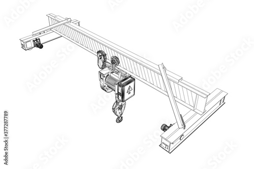 Wireframe of lifting stationary crane from black lines isolated on white background. 3D. Isometric view. Vector illustration