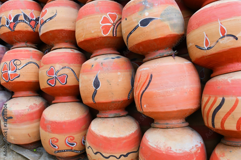 Collection of clay pots made from mud also known as Matka. Clay pots are used since ancient times and can be found in Indian subcontinent.