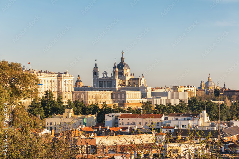 Madrid Spain, sunset city skyline at Cathedral de la Almudena