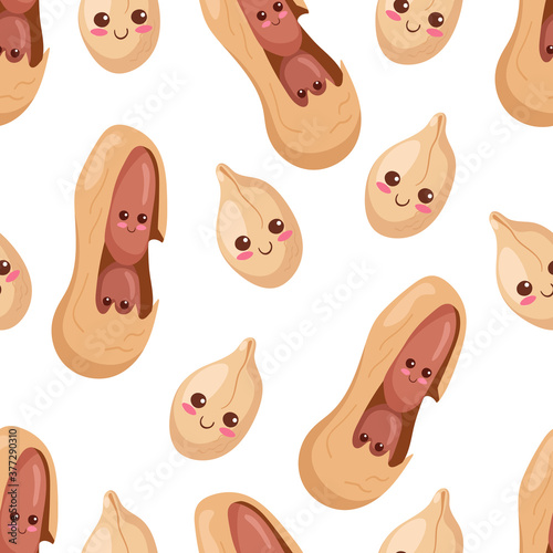 Seamless vector pattern with kawaii peanuts, peeled & unpeeled. Cute food characters illustration for Peanut Butter wrapping paper, postcard, textile, background texture, food hall decoration.