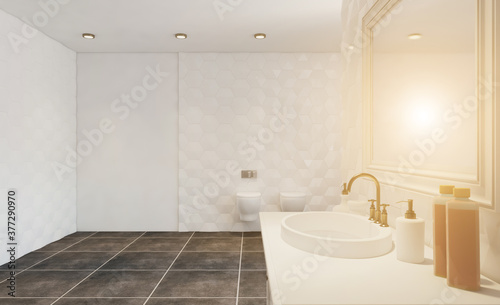 Modern bathroom with large window. Sunset.  Empty picture. 3D rendering.. Sunset.