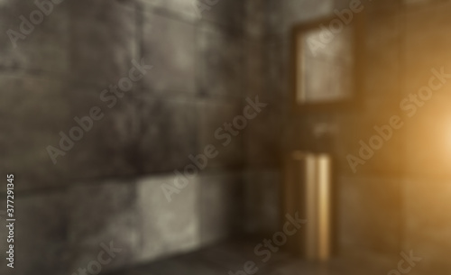 Modern loft style bathroom, old tiles, metal bathtub and washbasin.. 3D rendering,. Sunset.. Abstract blur phototography photo