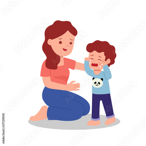 Mother comforting her son crying. Parent with children. Parenting clip art. Flat vector isolated on white background