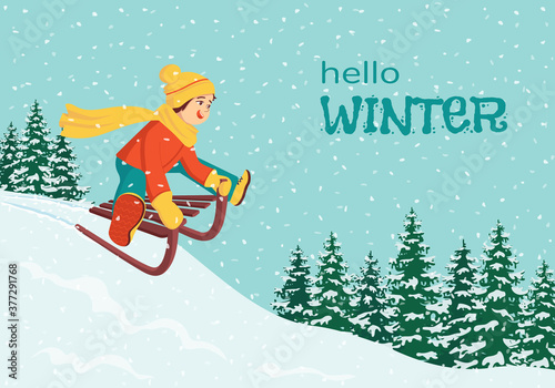 Happy joyful child flies down the mountain on a sled. Concept for greeting card, poster, banner hello winter. Outdoor activities during the cold season. Winter snow fun. Cartoon vector illustration