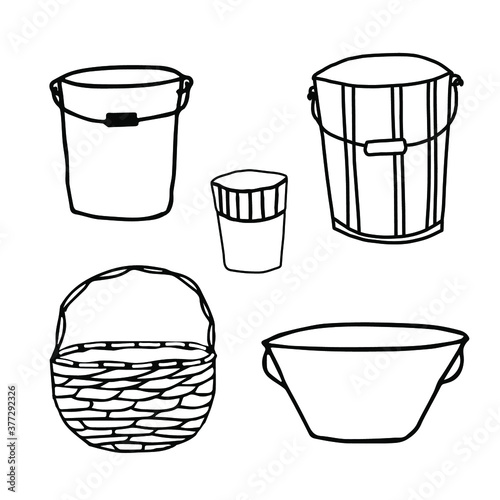 Set of containers for gardening. Bowl, bucket, pot for plant, wicker basket. Vector isolated outlines elements for design. Doodle style.