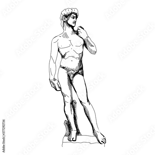 Vector illustration of David marble statue by Michelangelo in line, sketch. Isolated art object. The Exhibit of Academy of fine arts in Florence