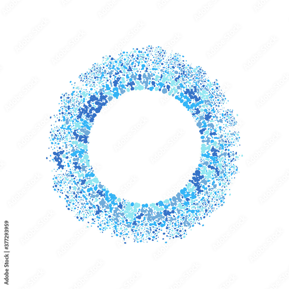 Round dots frame with empty space for your text. Frame made of blue spots and dots of various size. Circle shape. Round dots frame with empty space for your text. Frame made of blue spots and dots of various size. Circle shape.