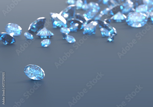 Blue diamond sapphire with group of diamonds background selective focus   3d illustration.