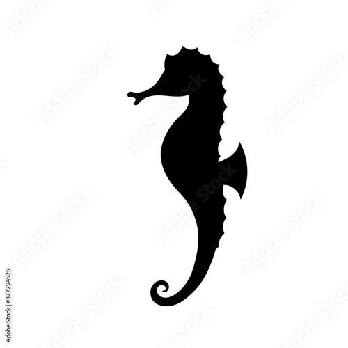 Icon of seahorse. Icon of hippocampus. Black silhouette of seahorse, isolated on white background. Water life, summer theme for Ocean Day. Monochrome  logotype of sea horse. Sketch for your design.