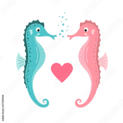 Cartoon seahorses. Cute seahorse couple. Boy and girl sea horses with heart. Romantic illustration. St. Valentines Day. Vector greeting card illustration for wedding. Design for postcard.