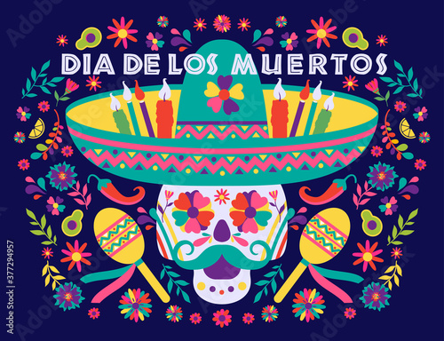 Dias de los Muertos trend flat banner vector. In English Feast of death. Mexico design for fiesta cards or party invitation, poster. Flowers traditional mexican frame with floral letters on dark