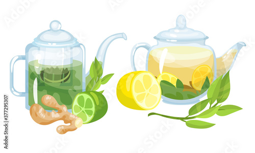 Glass Teapots with Aromatic and Spicy Fruit Tea with Lime and Lemon Rested Nearby Vector Set