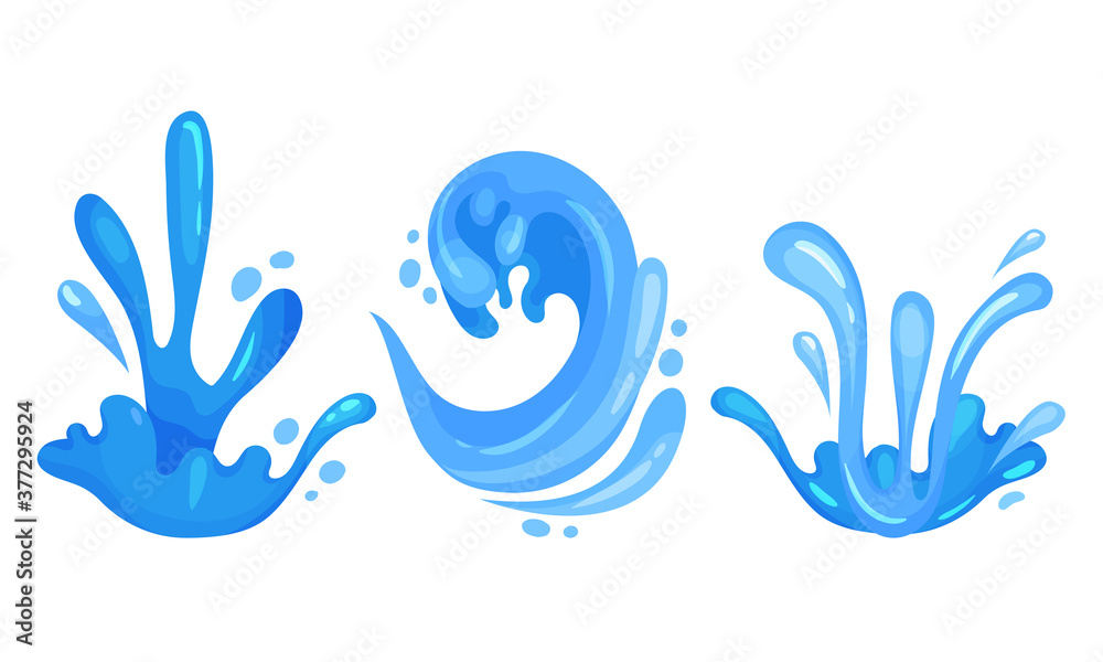 Blue Curved Water Splashes with Drops Vector Set Blue Curved Water Splashes with Drops Vector Set