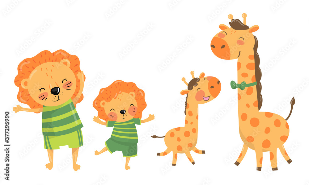 Fototapeta premium Cartoon Animal Parent with Baby or Cub Vector Set