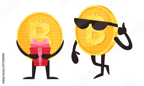 Golden Bitcoin Humanized Character Holding Gift Box and Wearing Sunglasses Vector Set