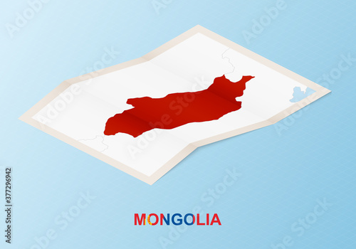 Folded paper map of Mongolia with neighboring countries in isometric style.