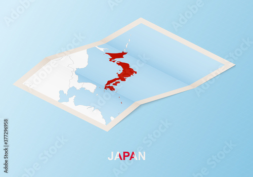 Folded paper map of Japan with neighboring countries in isometric style.