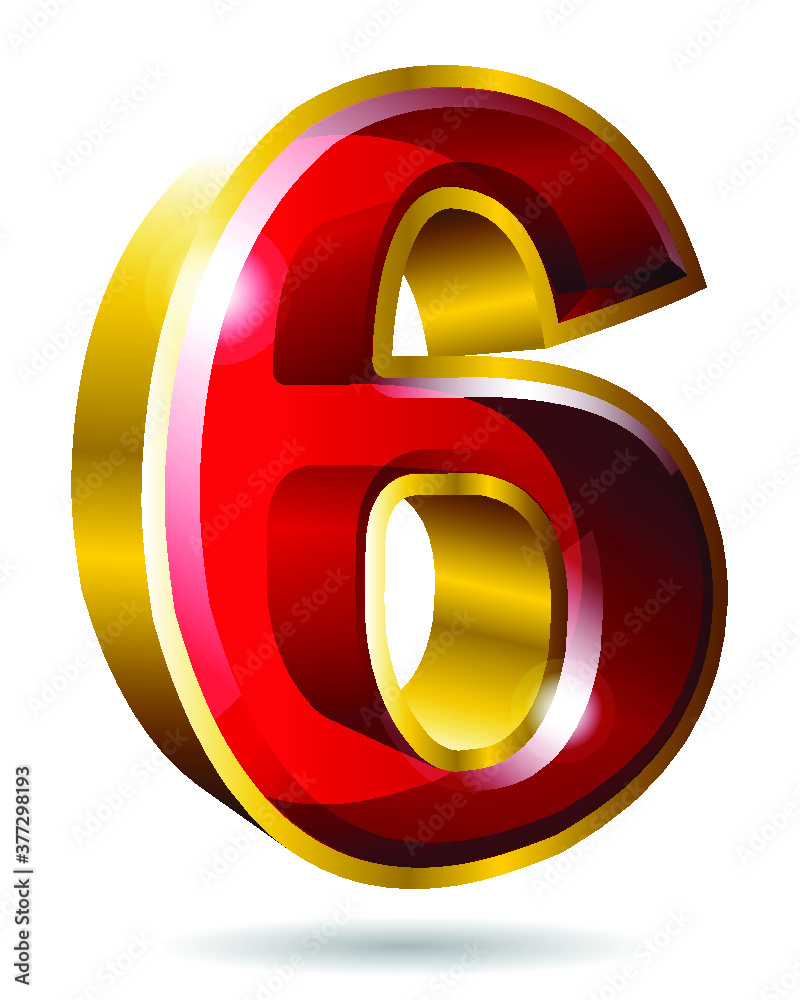 Gold number 6 isolated on white background. Vector illustration.