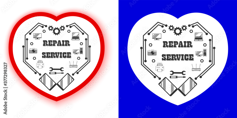 Obraz premium Repair service, diagnostics and maintenance of digital, video and computer equipment - stylish retro logo in the form of a mechanical, digital heart. Sticker with white outline and shadow