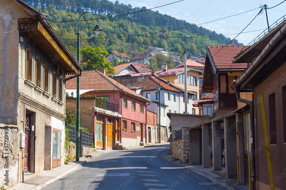 Narrow street in the historic district of Sarajevo. Bosnia and Herzegovina