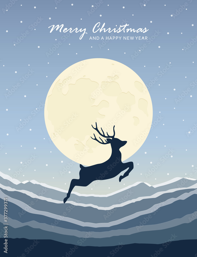 jumping deer on snowy mountain landscape by moon christmas design vector illustration EPS10