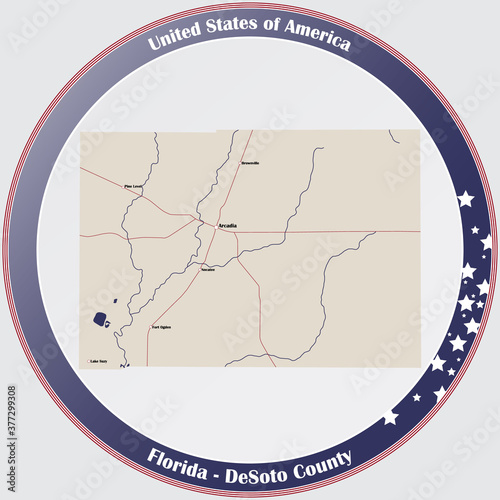 Round button with detailed map of DeSoto County in Florida, USA. photo