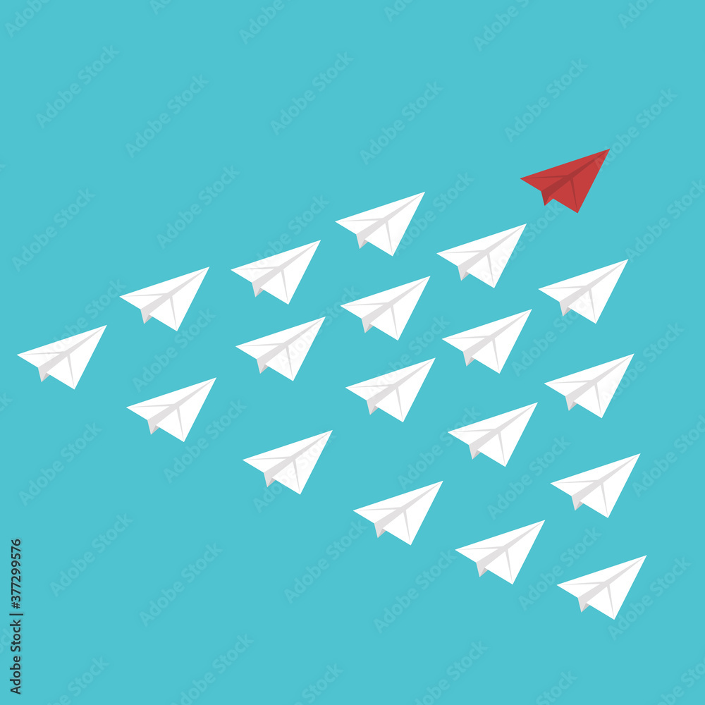 Red Paper Airplane Leading White Paper Airplanes. Leadership Concept With Paper Planes. Red Paper Airplane Leading White Paper Airplanes. Leadership Concept With Paper Planes.
