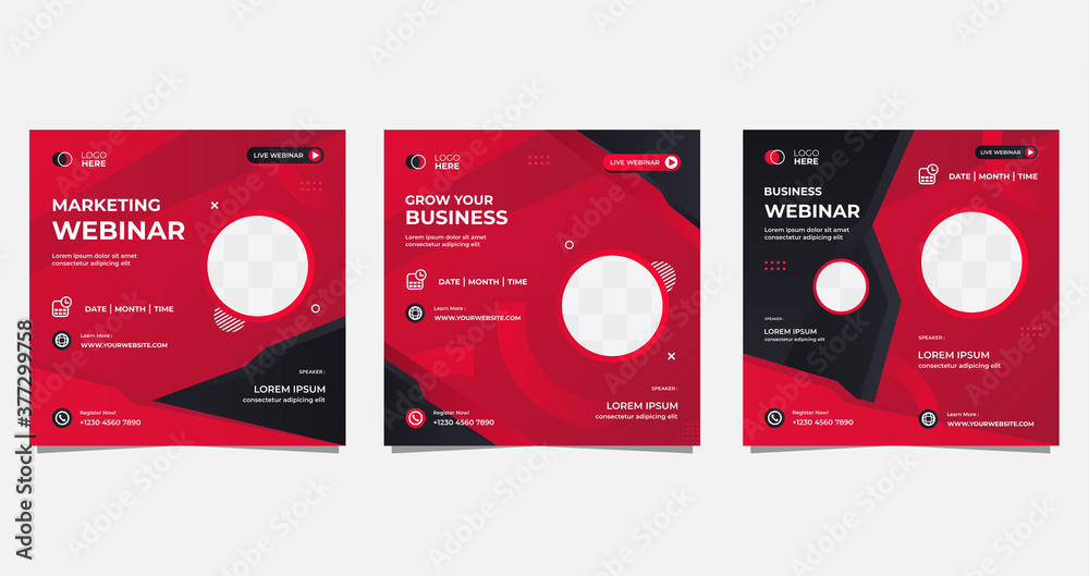 Set of social media post template for Business Webinar. with Black and Red background
