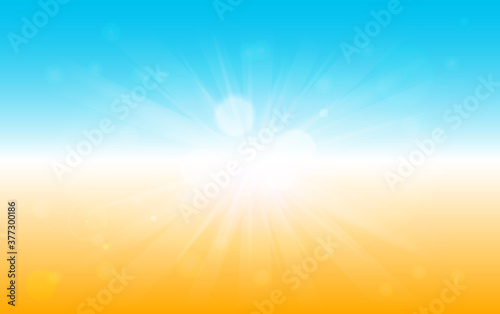 Summer themed banner with hot sunshine and central sunburst against a tropical blue sky and beach, colored vector illustration with copyspace for travel