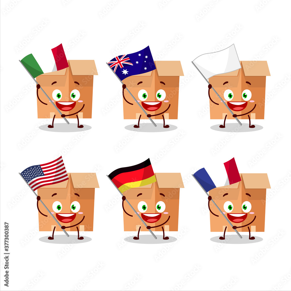 Office boxes cartoon character bring the flags of various countries Office boxes cartoon character bring the flags of various countries