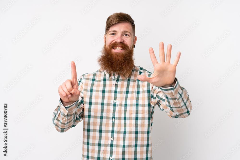 Redhead man with long beard over isolated white background counting six with fingers Redhead man with long beard over isolated white background counting six with fingers