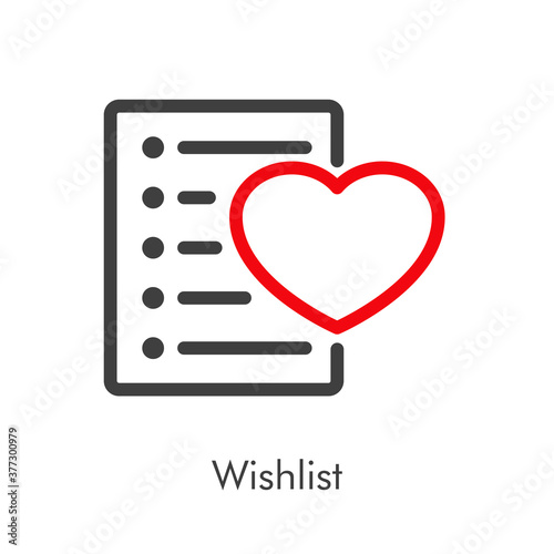 Concepto ecommerce. Icono lineal con texto Wishlist con formulario con corazón en rojo y negro