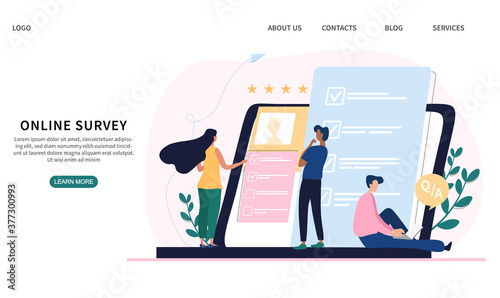 Online survey web page template with diverse people completing questionnaires on digital devices, colored vector illustration