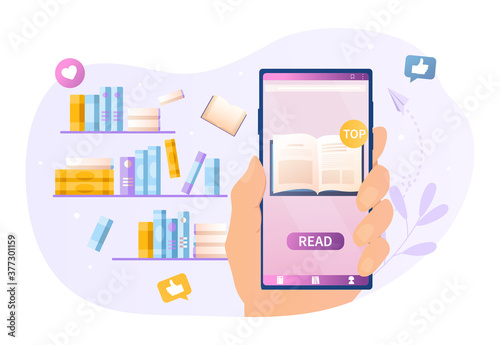 Online library concept with books on shelves and an ebook app on a handheld mobile phone, colored vector illustration