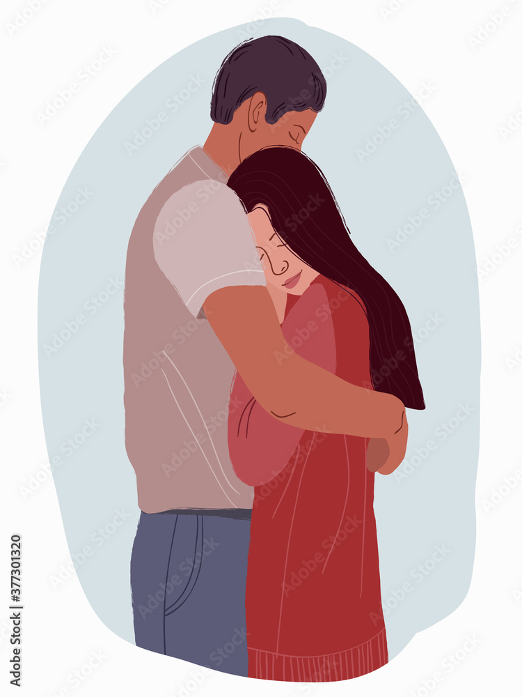 color illustration of a couple in love. A tender embrace. Hand-drawing in a cartoon style. People