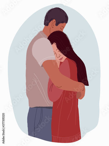 color illustration of a couple in love. A tender embrace. Hand-drawing in a cartoon style. People