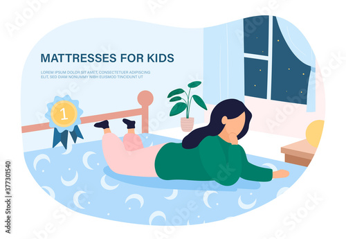 Number One champion mattress for kids with young girl lying on a bed with award rosette for quality, colored vector illustration. Web page template